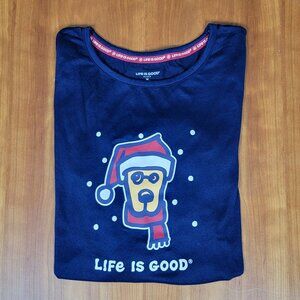 Women's Life is Good Dog Santa Hat Christmas Navy Long Sleeve Sleep Shirt - M